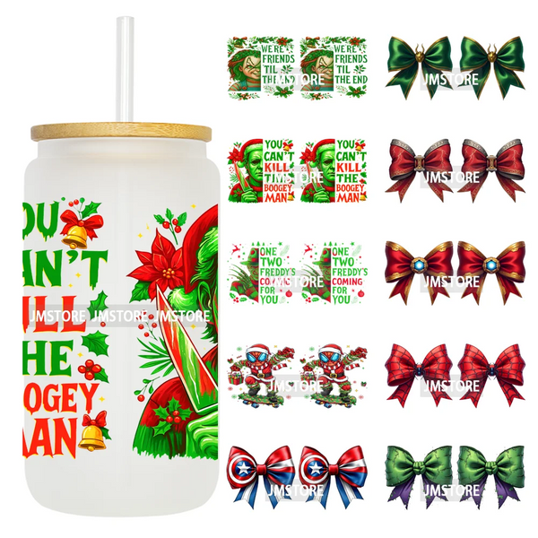 Preppy Christmas Movie Killer Cartoon Bow 16OZ UV DTF Cup Wraps Ready To Apply Waterproof Transfer Stickers For Libbey Glass Can