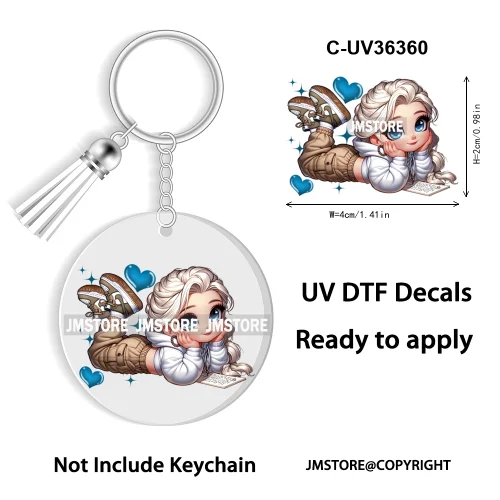 Cartoon Princess Reading Bookish UV DTF Decal Round Keychain Ready To Apply WaterProof Transfer Stickers For Circle Keychain