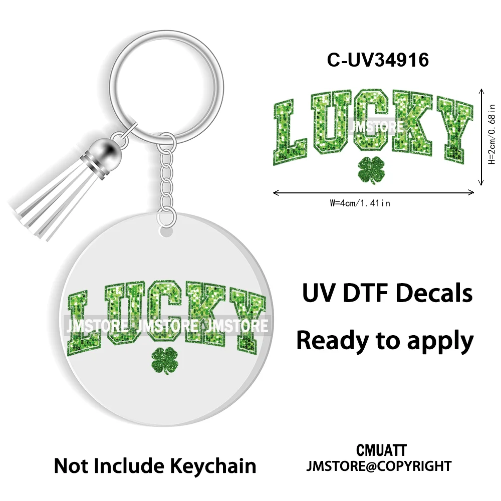 Sparkly Faux Sequin St Patricks Day Coquette Glitter Lucky Charm WaterProof UV DTF Sticker For Round Circle Keychain Keyring