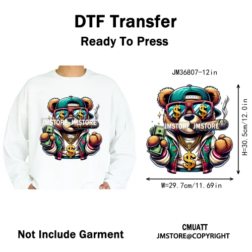 12in Cartoon Gangster Hip Hop Streetwear Teddy Bear Lover Designs Iron on DTF Heat Transfers Stickers Ready to Press for Hoodies