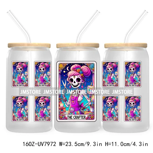 Funny Tarot Card UV DTF Sticker For 16OZ Libbey Glass Cup Can Wrap Transfer Sticker Custom Label DIY Logo Mexican Skeleton Skull