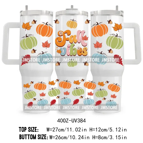 Fall Vibes Vintage Flowers UV DTF Tumbler Wrap Transfer Stickers Feral Girl Autumns Pumpkins 40OZ Wraps Waterproof Custom Labels