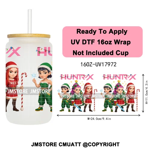 Christmas Edition Kpop Demon Festive Anime Girls UV DTF Stickers Ready To Apply Cup Wrap High Quality For 16OZ Libbey Can Glass