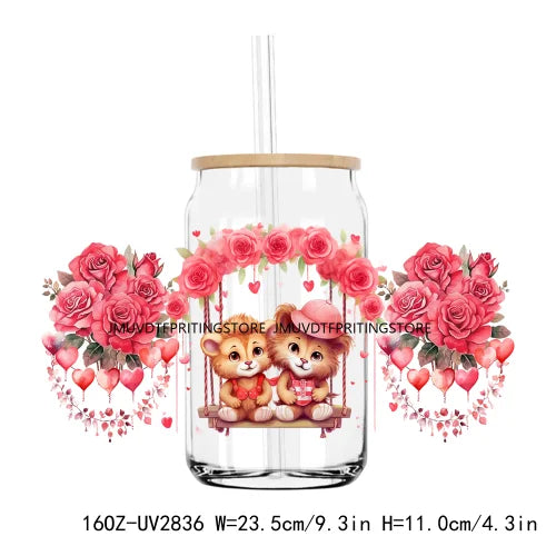 Valentines Teddy Bear With Red Roses UV DTF Sticker For 16OZ Libbey Glass Cup Can Wrap Transfer Sticker Custom Labels DIY Logo