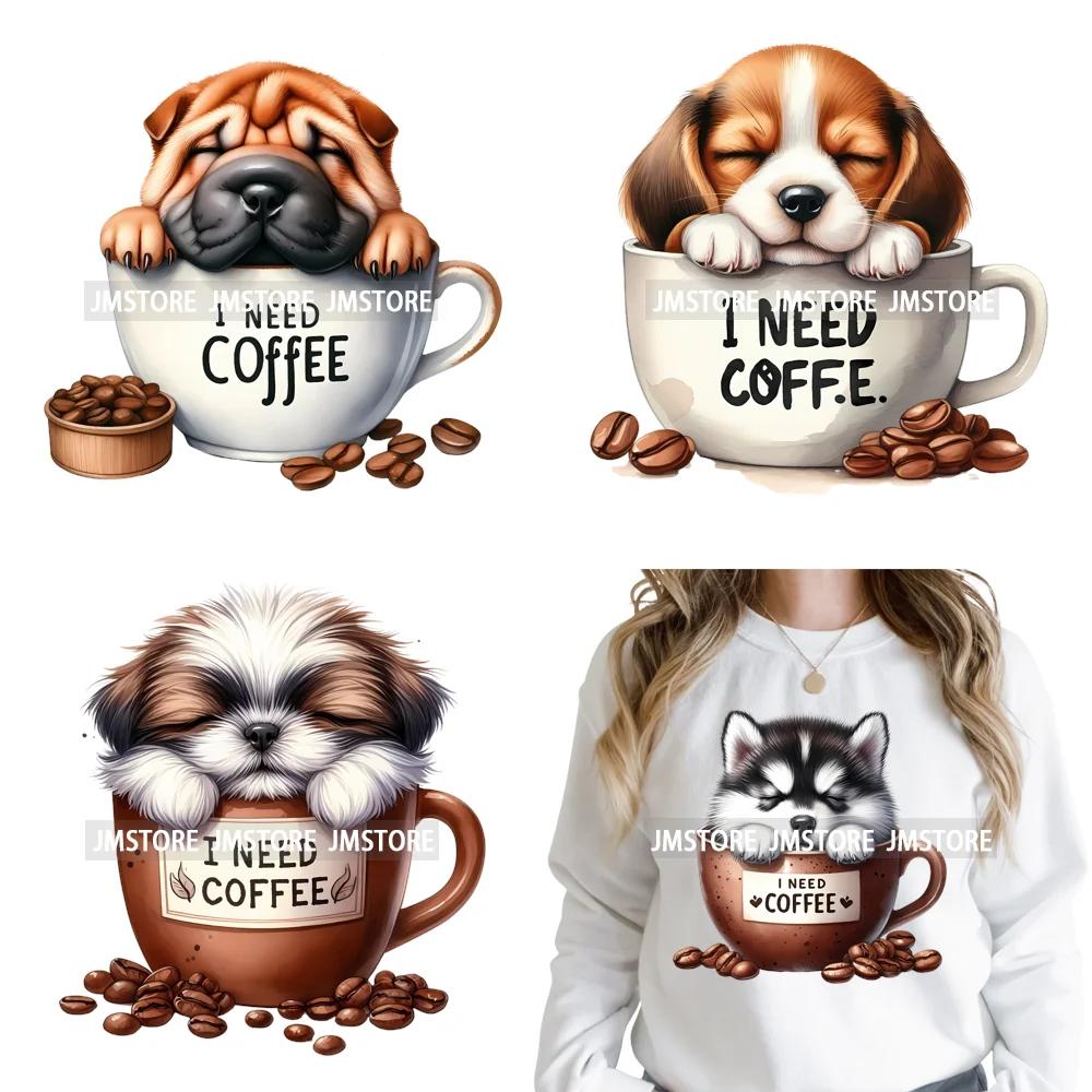 Funny Cartoon Pet Puppy Small Sleeping Cozy Coffee Dogs Lover Iron on DTF Washable Transfers Sticker Ready to Press for Clothing