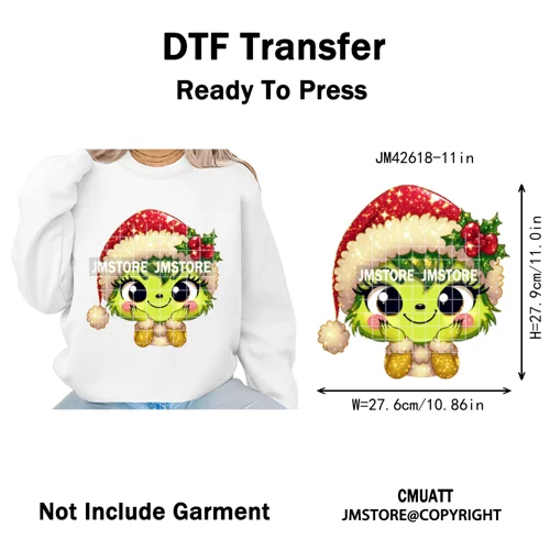 Faux Glitter Cartoon Christmas Movie Green Santa Kid Girly Xmas Iron on DTF Washable Transfer Sticker Ready to Press for Textile