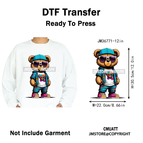 12in Cool Retro Urban Streetwear Graffiti Hip Hop Teddy Bear Iron On DTF Washable Transfers Stickers Ready to Press For Clothing
