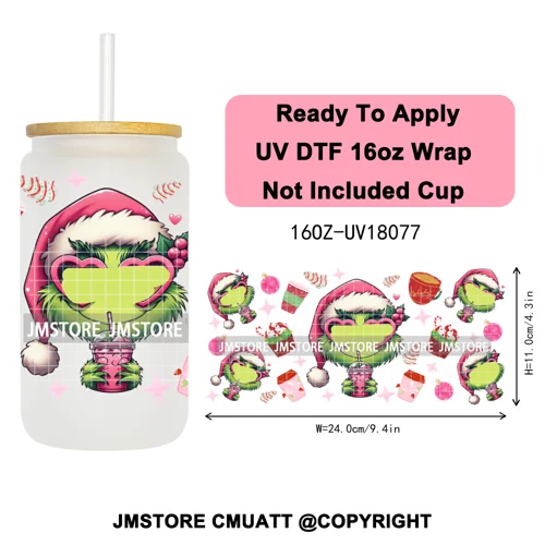 Christmas Cartoon Princess Merry Greenmas 16OZ UV DTF Cup Wraps Ready To Apply Waterproof Transfer Stickers For Libbey Glass Can