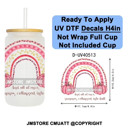 Cozy Autumn Fall Pumpkin Spice UV DTF Decals Ready To Apply Waterproof Transfer Stickers DIY Crafts For 16OZ Libbey Glass Can