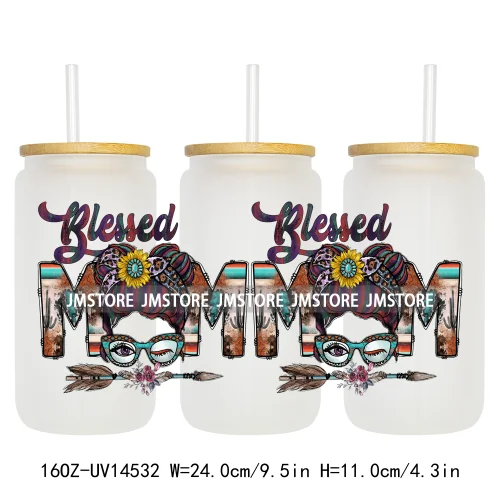 Floral Blessed Mama Leopard Mom 16OZ UV DTF Cup Wraps Ready To Apply Waterproof Transfer Stickers For Libbey Glass Can Tumbler