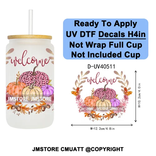 Cozy Autumn Fall Pumpkin Spice UV DTF Decals Ready To Apply Waterproof Transfer Stickers DIY Crafts For 16OZ Libbey Glass Can