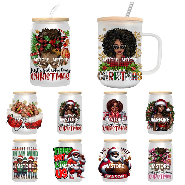 Afro Woman Nails Hip Pop Santa UV DTF Transfer Stickers Decals For Libbey Cold Cups Mugs Tumbler Just A Girl Who Loves Christmas