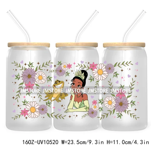 Cartoon Princess Floral Flowers 16OZ UV DTF Cup Wrap Transfer Stickers Custom Labels Waterproof For Libbey Glass Can Best Friend