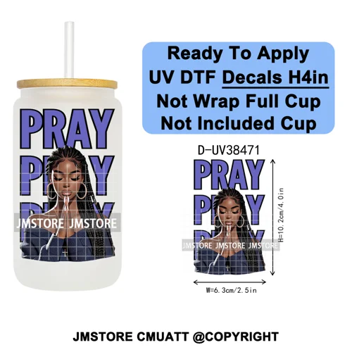 Black Girl Praying Faith Religious Women UV DTF Transfer Stickers Decals Ready To Apply Waterproof For 16OZ Libbey Glass Can Cup