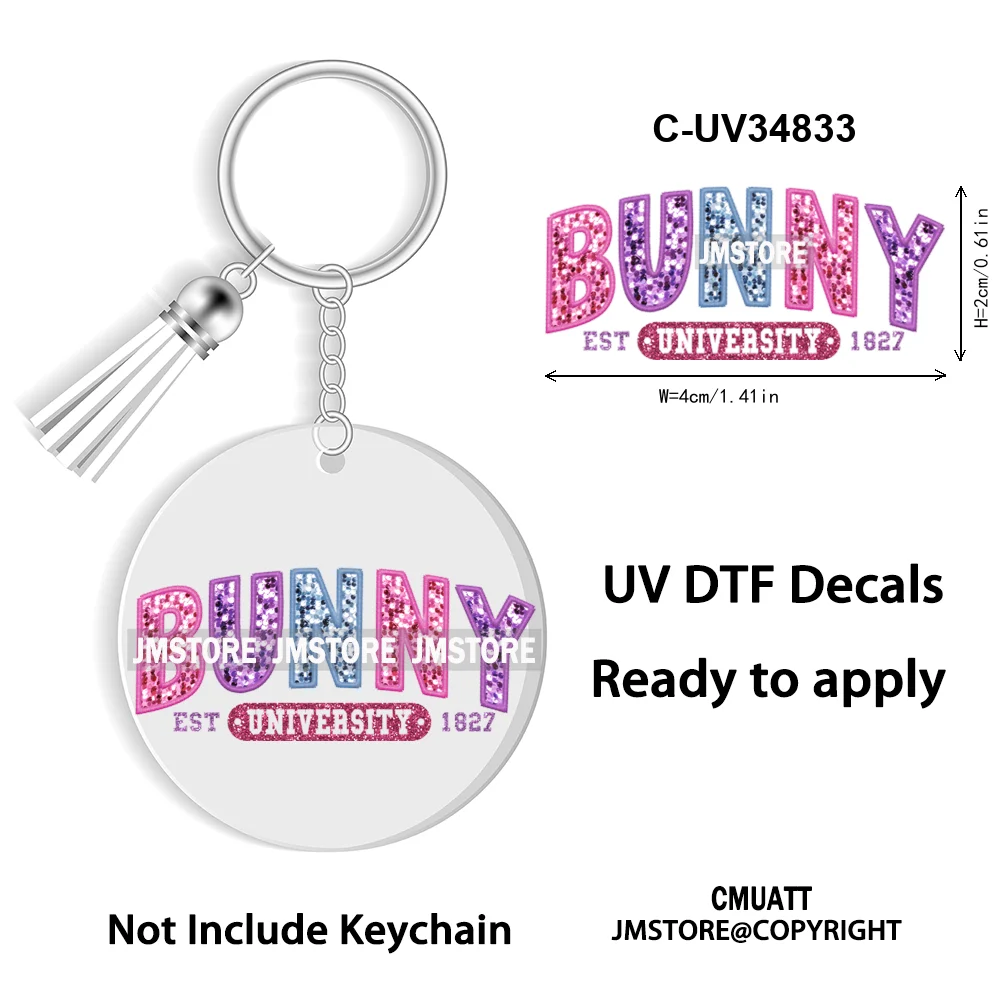 Faux Sequin Glitter Happy Easter Bow Retro Easter Bunny Blowing Bubble UV DTF Stickers for Round Circle Acrylic Keychain Keyring