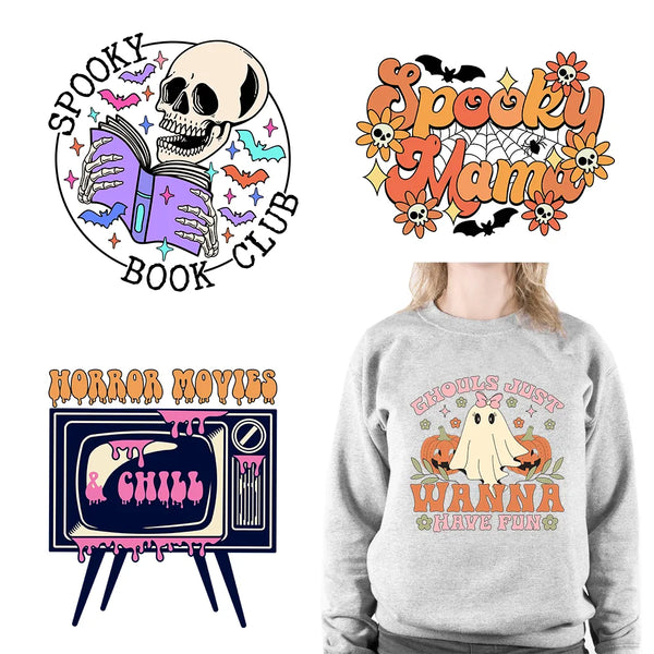 Fun Ghouls Spooky Babe Vibes Plastisol Patches Iron On Horrors Movie And Chill DTF Transfer Stickers Ready To Press For T-Shirts