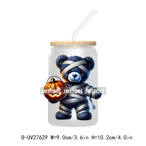 Spooky Halloween Horror Bear UV DTF Transfer Stickers Decals For Libbey Cold Cups Mugs Tumbler Waterproof Labels Scary Pumpkin