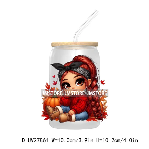 Latina Chibi Autumn Baby Little Girl UV DTF Transfer Stickers Decals For Libbey Cold Cups Mugs Tumbler Fall Vibes Pumpkin Season