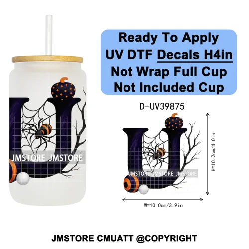 Polka Dot Pumpkin Halloween Letter Coquette UV DTF Decals Ready To Apply Waterproof Transfer Stickers For 16OZ Libbey Glass Can