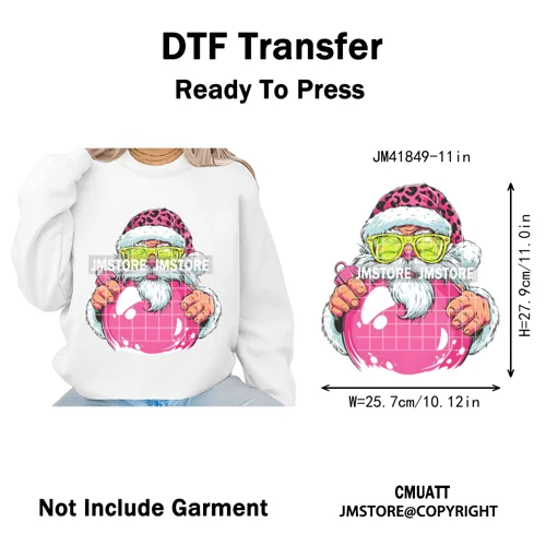 Pink Cartoon Glasses Coffee Drink Leopard Blowing Santa Claus Christmas Iron on DTF Transfer Stickers Ready to Press for T-shirt