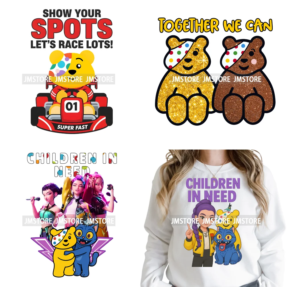 Cute Cartoon Bear Children in Need Charity Raising Kids Iron on Washable DTF Heat Transfers Stickers Ready to Press for Textiles