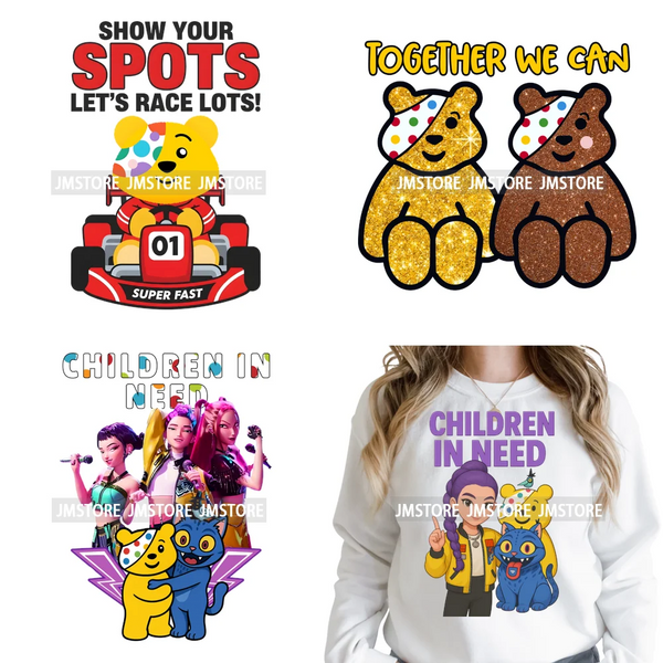Cute Cartoon Bear Children in Need Charity Raising Kids Iron on Washable DTF Heat Transfers Stickers Ready to Press for Textiles