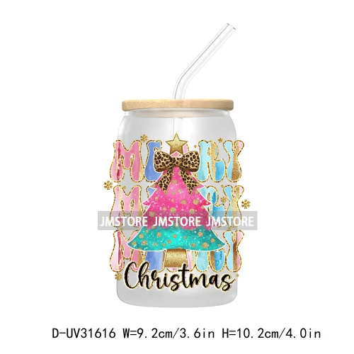 Merry Bright Coquette Bow Glitter Christmas Tree Girly UV DTF Transfer Stickers Decals For Libbey Cold Cup Mug Tumbler Durable