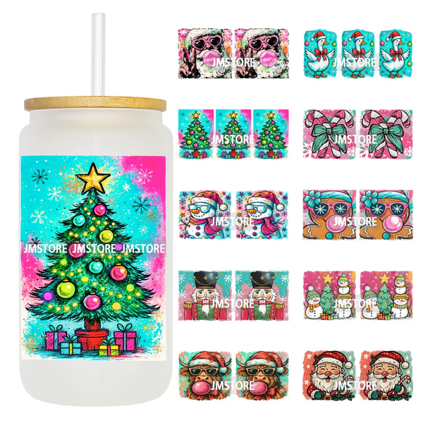Preppy Brushstroke Christmas Santa Claus 16OZ UV DTF Cup Wraps Ready To Apply Waterproof Transfer Stickers For Libbey Glass Can