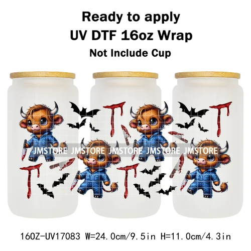 Highland Cow Horror Killer Halloween UV DTF Stickers Ready To Apply Cup Wrap Custom Labels DIY Craft For 16OZ Libbey Can Glass