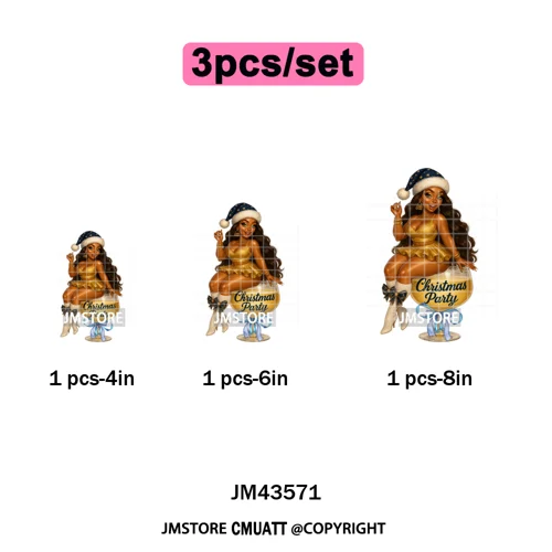 Wine Christmas Black Girls Santa Cheer Winter Holiday Party Iron on Washable DTF Transfers Stickers Ready to Press for Textiles