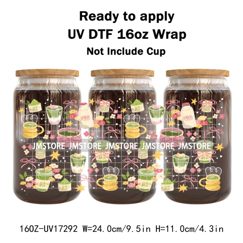 Coquette Green Tea Iced Matcha Latte UV DTF Wrap Transfer Sticker Selfadhesive Waterproof High Quality For 16OZ Libbey Glass Can