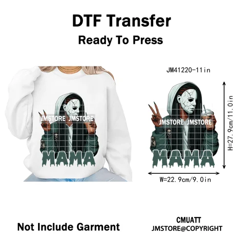 Black Girls Coffee Drinking Halloween Scary Movie Killer Mama Iron on Washable DTF Transfers Stickers Ready to Press for Clothes