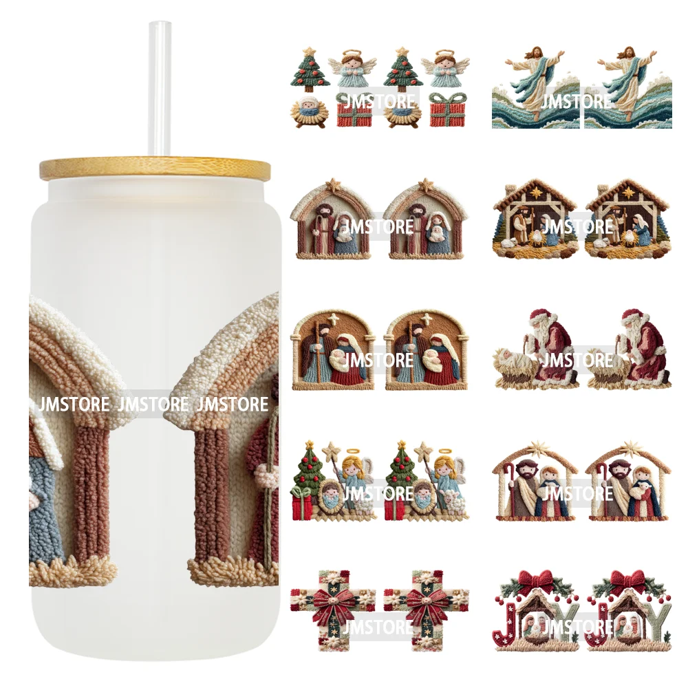 Faux Yarn Crochet Jesus Christmas Religious UV DTF Stickers Ready To Apply Cup Wrap Custom Labels DIY Craft For Libbey Glass Can