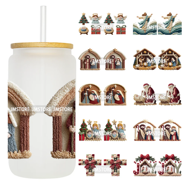 Faux Yarn Crochet Jesus Christmas Religious UV DTF Stickers Ready To Apply Cup Wrap Custom Labels DIY Craft For Libbey Glass Can