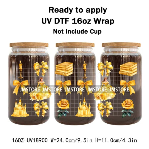 Coquette Bow Cartoon Princess Mirror UV DTF Cup Wrap Ready To Apply Transfer Stickers Waterproof Logo For 16OZ Libbey Glass Can