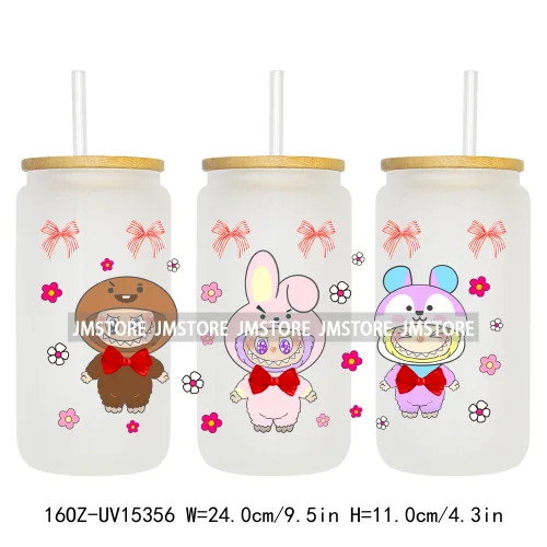 Coquette Bow Cartoon Monsters In Outfit UV DTF Cup Wraps Ready To Apply Waterproof Transfer Stickers For 16OZ Libbey Glass Can