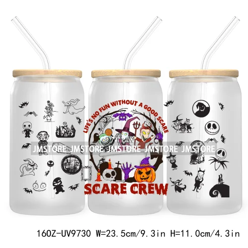 Spooky Cartoon Halloween 16OZ UV Cup Wrap DTF Transfer Stickers For Libbey Glass Can Cups Tumbler Waterproof Labels Scare Crew