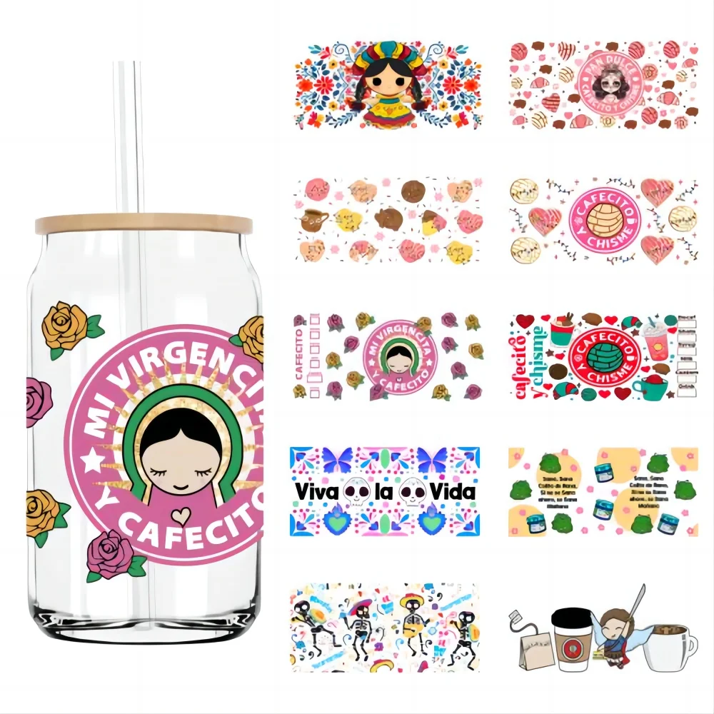 Cute Latina Cafecito Girl 16OZ UV DTF Cup Wrap Transfers Stickers Custom Labels DIY Durable Waterproof Logo For Libbey Glass Can