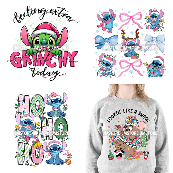 Feeling Extra Today Cartoon Green Christmas Blue Animal Merry And Bright Iron On DTF Transfer Sticker Ready To Press For Hoodies