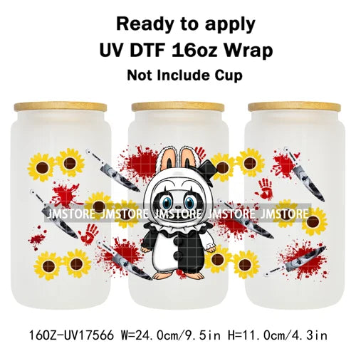 Movies Characters Horror Halloween Cartoon 16OZ UV DTF Cup Wraps Ready To Apply Waterproof Transfer Sticker For Libbey Glass Can