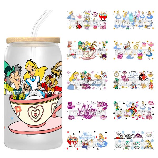 Cartoon Princess In Wonderland UV DTF Wraps Transfer Sticker Ready To Apply Waterproof Logo For 16OZ Libbey Glass Can Tumbler