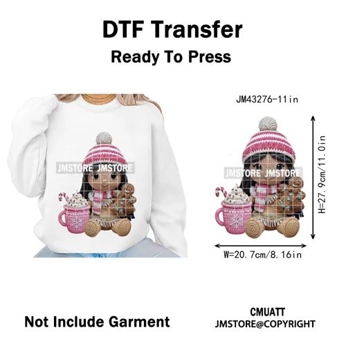 Faux Yarn Pink Hot Cocoa Cartoon Character Santa Cozy Christmas Iron on  DTF Transfers Stickers Ready to Press for T-shirts Bags