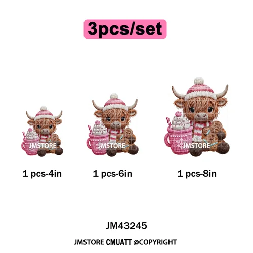 Faux Yarn Pink Hot Cocoa Cartoon Character Santa Cozy Christmas Iron on  DTF Transfers Stickers Ready to Press for T-shirts Bags