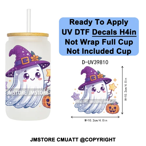 Cute Halloween Witch Ghost Sweet Boo UV DTF Decals Ready To Apply Waterproof Transfer Stickers Prints For 16OZ Libbey Glass Can