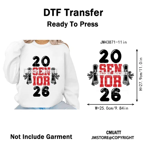 High School Senior 2026 Graduation Club Coquette Gifts Iron on Washable DTF Heat Transfers Stickers Ready to Press for Clothes