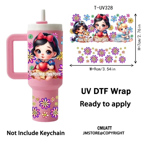 Watercolor Little Girl Cartoon Princess Flowers UV DTF Wraps Ready To Use Transfer Stickers Waterproof For Mini Tumbler Keychain
