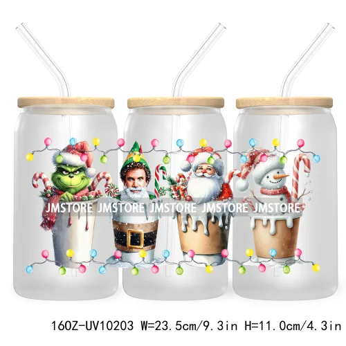 Christmas Lights Cartoon Coffee Cups 16OZ UV DTF Cup Wrap Transfer Stickers Custom Labels Waterproof Logo For Libbey Glass Can