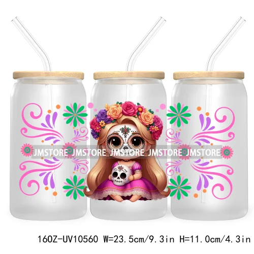 Dia De Los Muertos Mexican UV DTF Sticker For 16OZ Libbey Glass Cup Can Wrap Transfer Stickers Hispanic Halloween Sugar Skulls