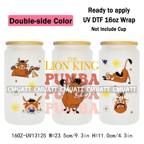 Double Side Color Cartoon Lion UV DTF Cup Wrap Transfer Stickers For 16oz Libbey Glass Beer Selfadhesive Waterproof Adhesive