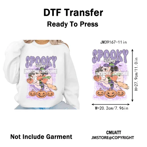 Happy Halloween Cartoon Movie Character Pumpkin Spooky Vibes Iron on DTF Washable Transfers Stickers Ready to Press for Clothing